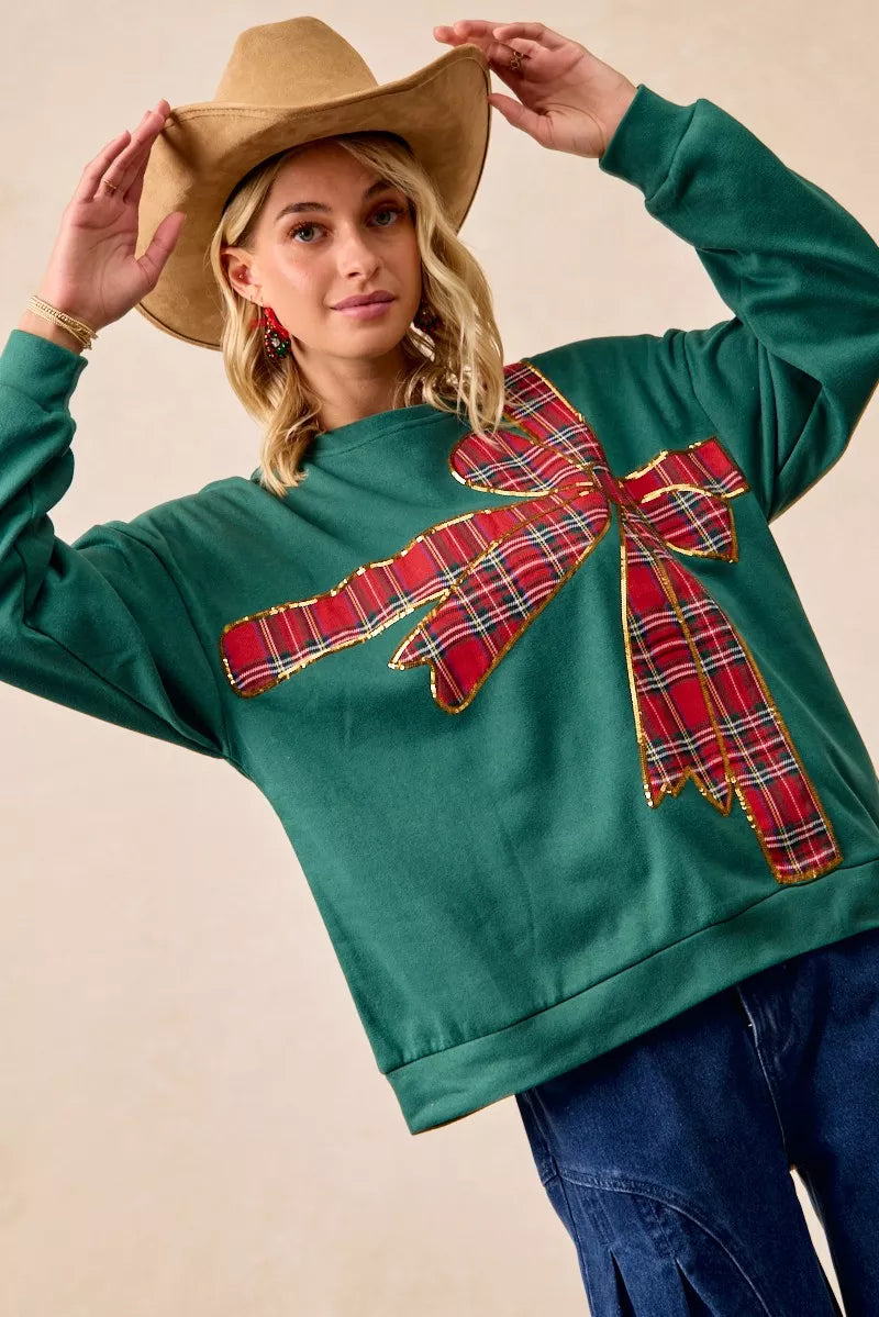 BIBI Plaid Ribbon Bow Detail Christmas Fleece Pullover on Simply Obsessed