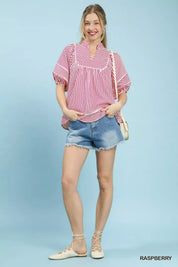 UMGEE Striped Puff Sleeve Babydoll Top on Simply Obsessed
