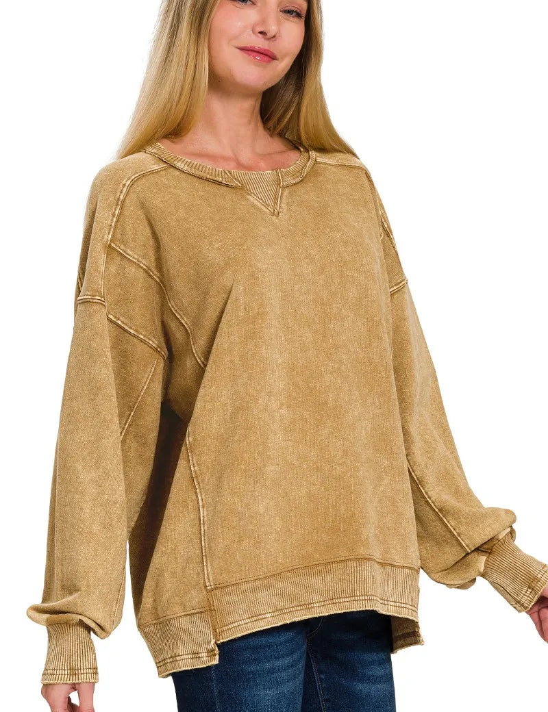 ZENANA French Terry Acid Wash Pullover on Simply Obsessed