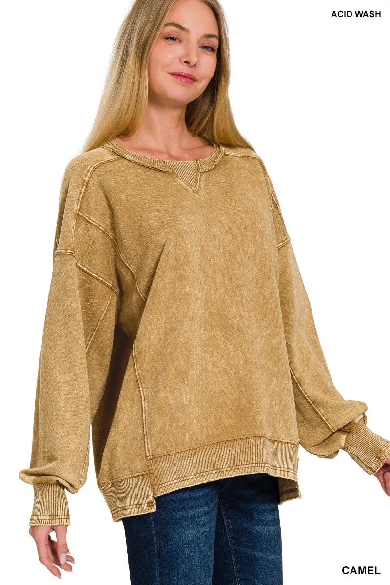 ZENANA French Terry Acid Wash Pullover on Simply Obsessed