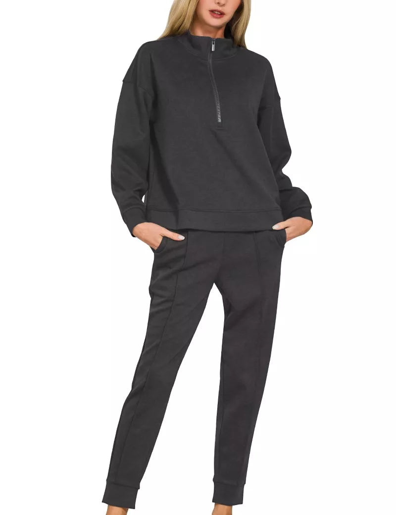 Zenana Scuba Half Zip Pullover and Jogger Set on Simply Obsessed