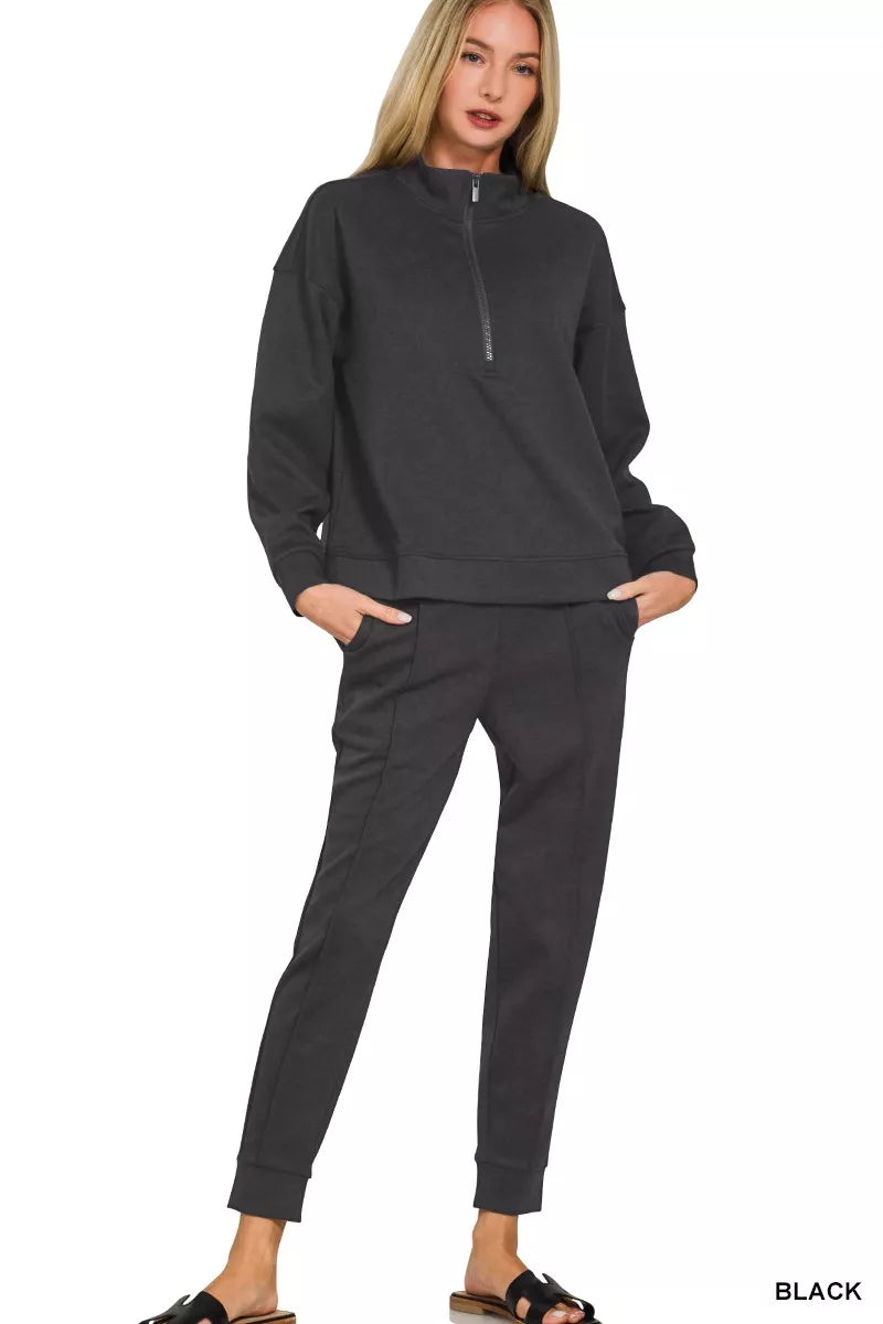 Zenana Scuba Half Zip Pullover and Jogger Set on Simply Obsessed