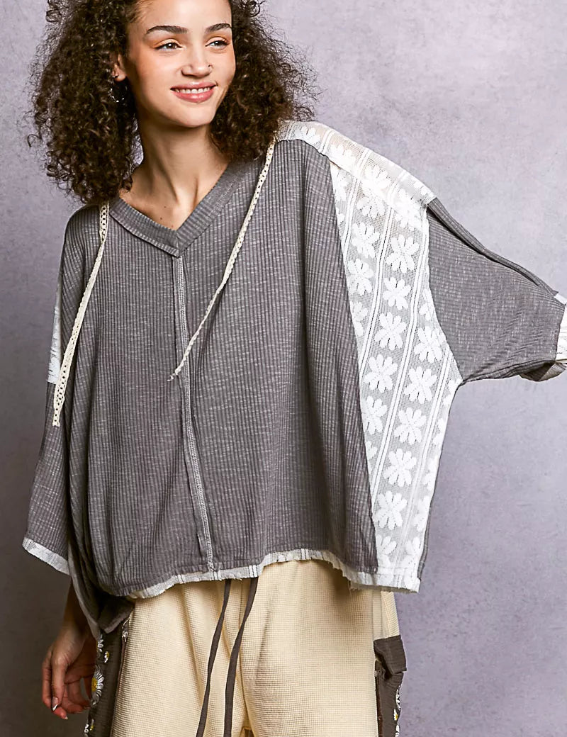 POL Short Sleeve Hoodie Top with Lace Detail on Simply Obsessed