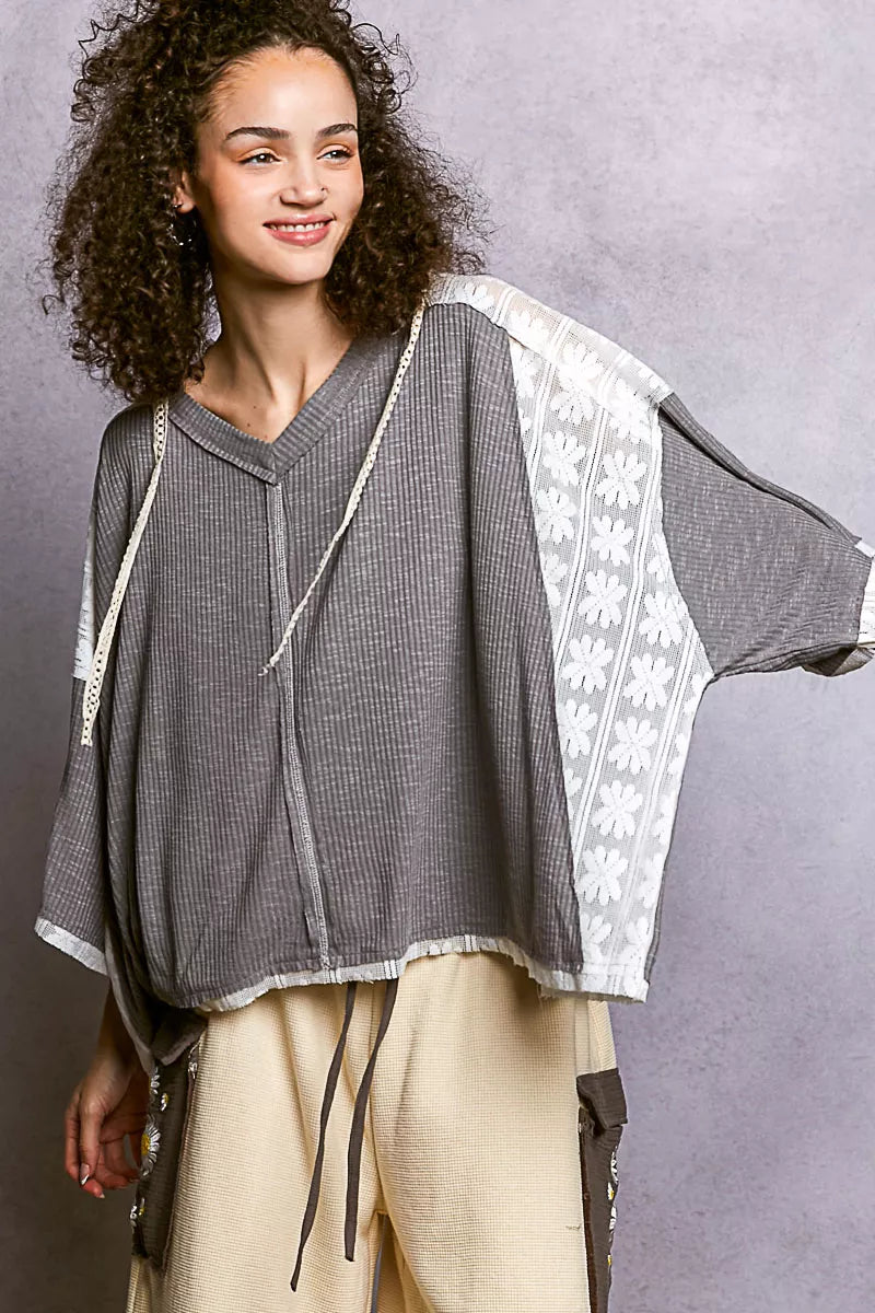 POL Short Sleeve Hoodie Top with Lace Detail on Simply Obsessed