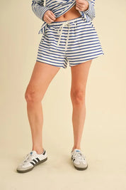 Aemi+Co Drawstring Contrast Striped Shorts on Simply Obsessed
