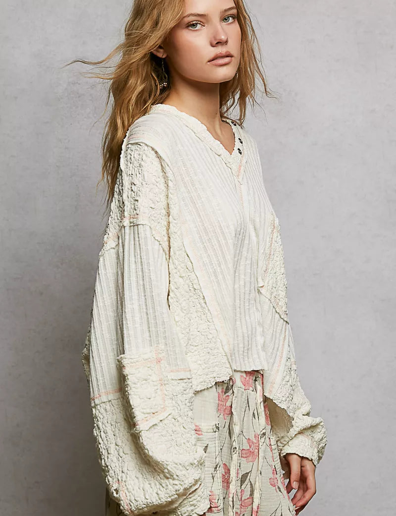 POL V-Neck Long Sleeve Top with Stitch Detail on Simply Obsessed
