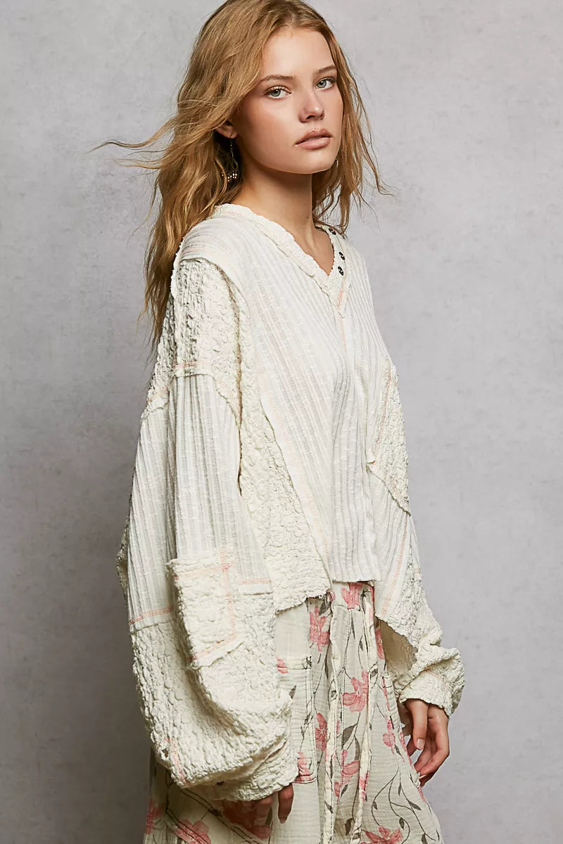 POL V-Neck Long Sleeve Top with Stitch Detail on Simply Obsessed