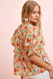 BIBI Flower Printed Shirring Detail Blouse Top on Simply Obsessed