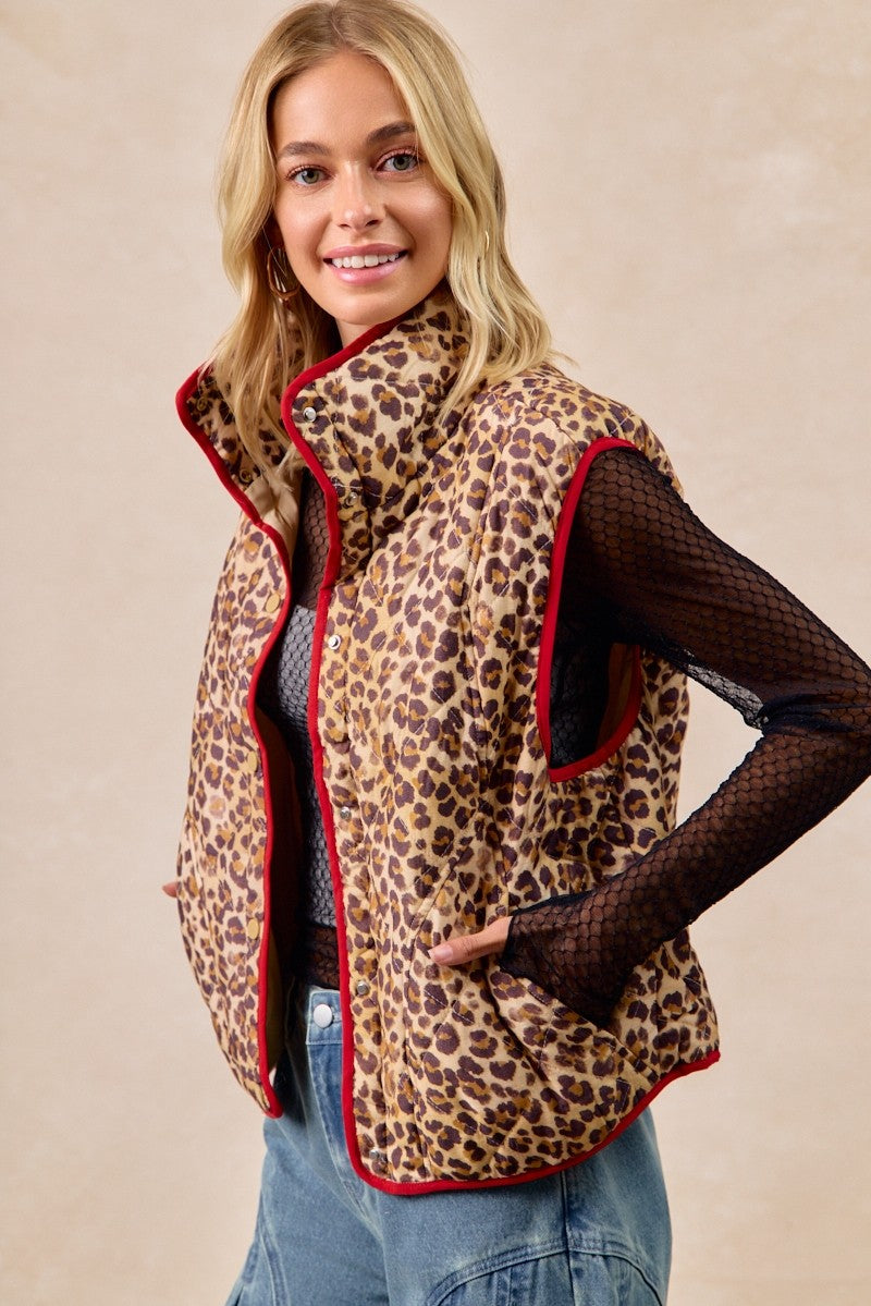 BIBI Leopard Print Piping Detail Quilted Vest on Simply Obsessed