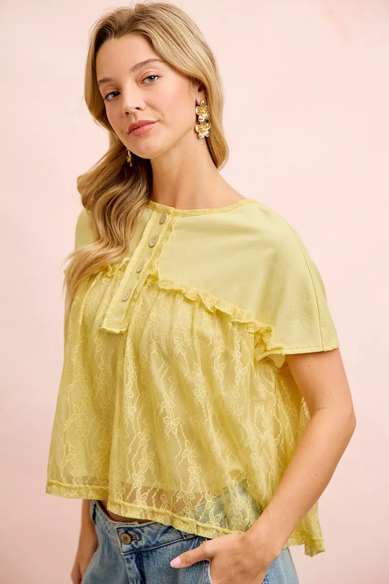 BIBI Solid Jersey With Lace Combo Ruffled Buttoned Top on Simply Obsessed