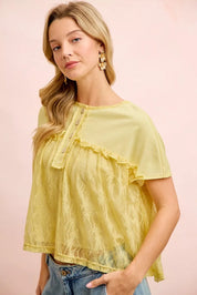 BIBI Solid Jersey With Lace Combo Ruffled Buttoned Top on Simply Obsessed