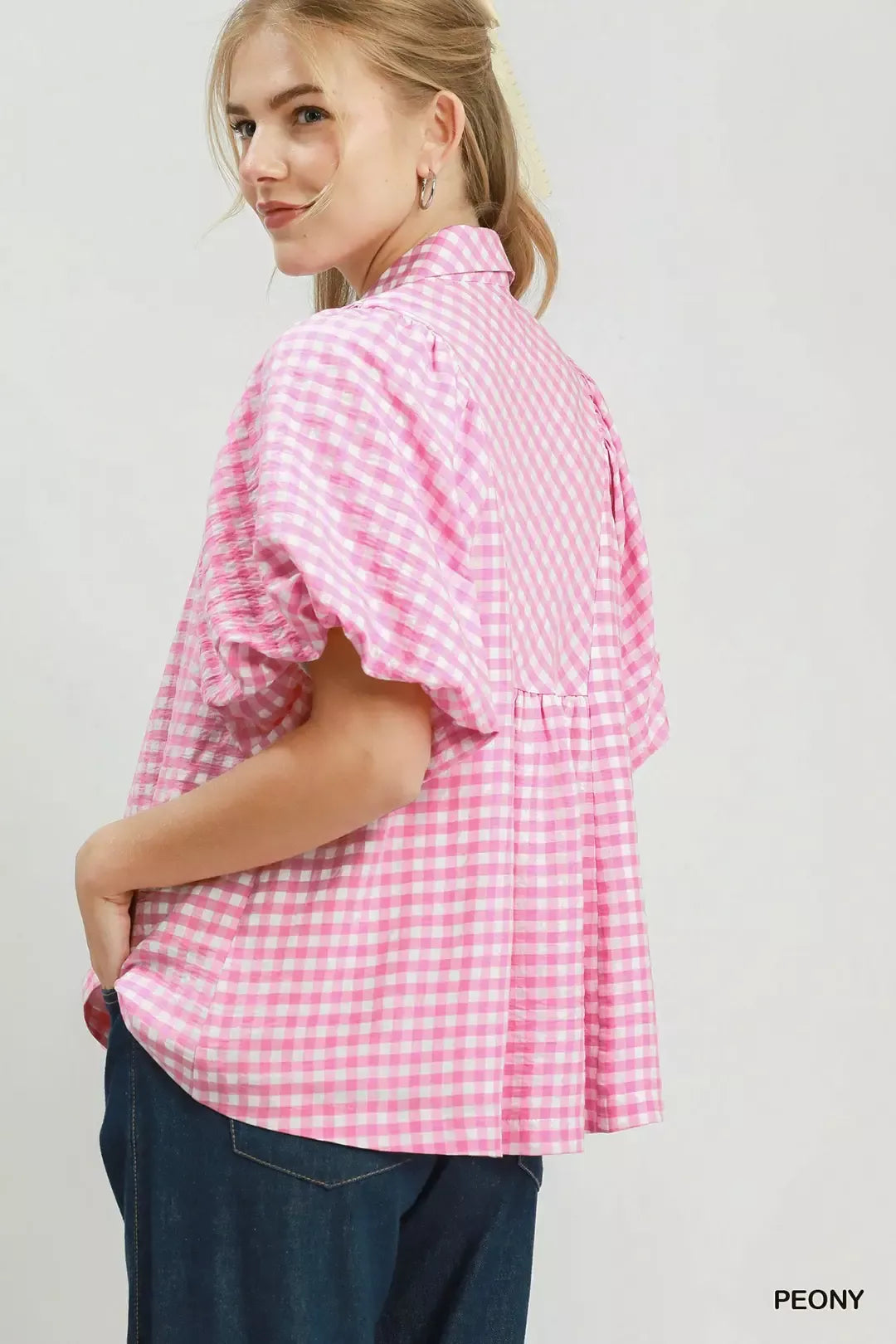 UMGEE Smocked Yoke Puff Sleeve Gingham Blouse on Simply Obsessed