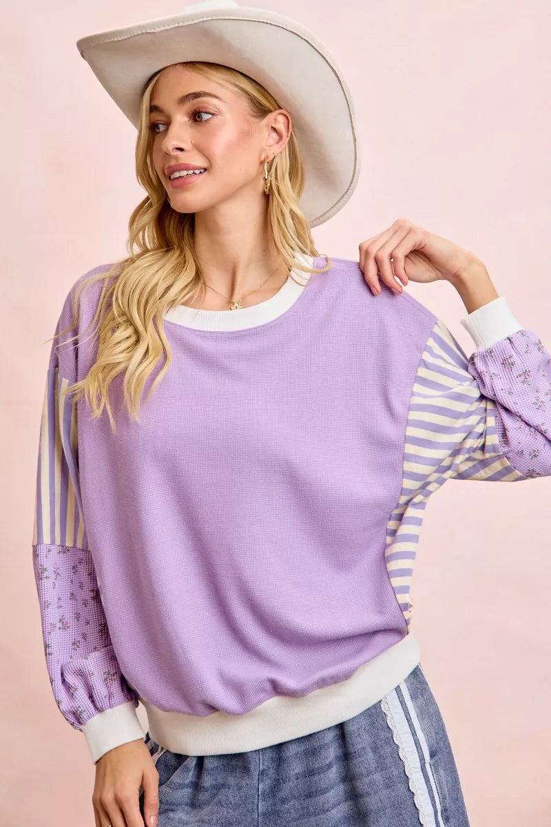 BiBi Mix and Match Sweatshirt with Floral Sleeve Striped on Simply Obsessed