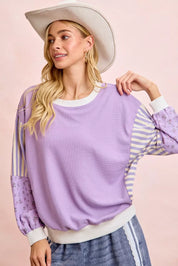 BiBi Mix and Match Sweatshirt with Floral Sleeve Striped on Simply Obsessed