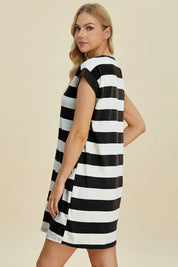 BASIC BAE Full Size Striped Round Neck Cap Sleeve Mini Dress on Simply Obsessed