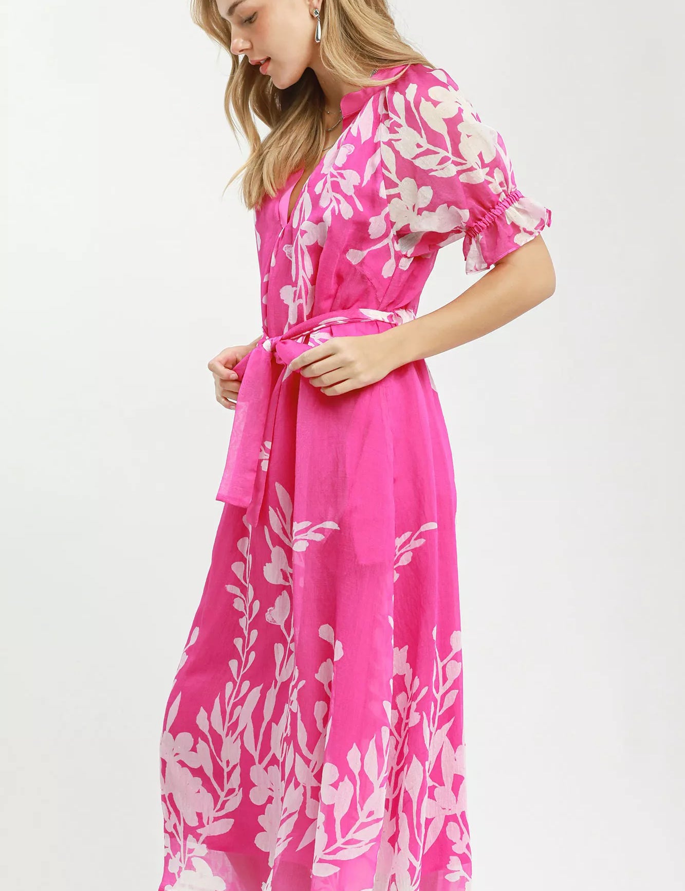 UMGEE Floral Print Tie Waist Midi Dress with Side Pockets on Simply Obsessed