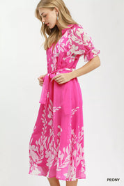 UMGEE Floral Print Tie Waist Midi Dress with Side Pockets on Simply Obsessed