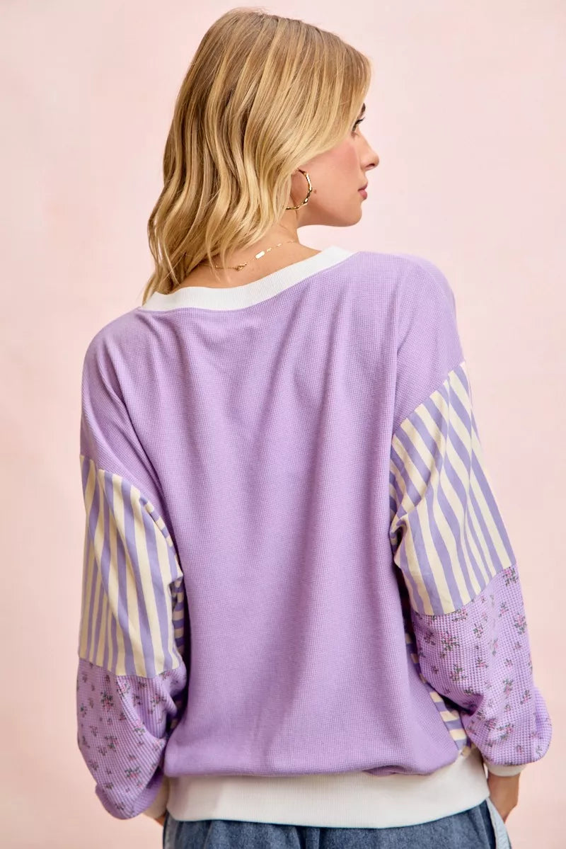 BiBi Mix and Match Sweatshirt with Floral Sleeve Striped on Simply Obsessed
