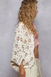 POL Openwork V-Neck Chenille Cardigan with Contrast Floral on Simply Obsessed