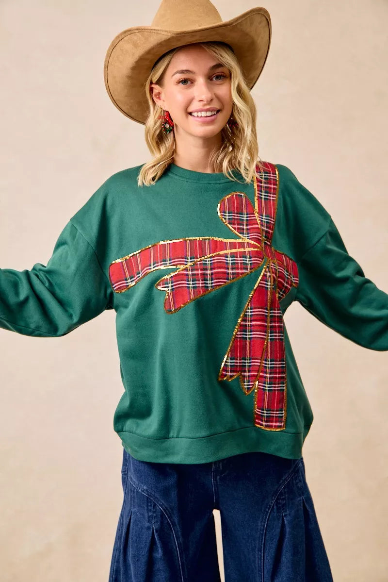 BIBI Plaid Ribbon Bow Detail Christmas Fleece Pullover on Simply Obsessed
