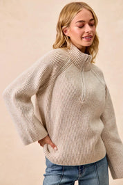 BiBi Two Tone Rib Texured Knit Collared Top with Zip Up on Simply Obsessed