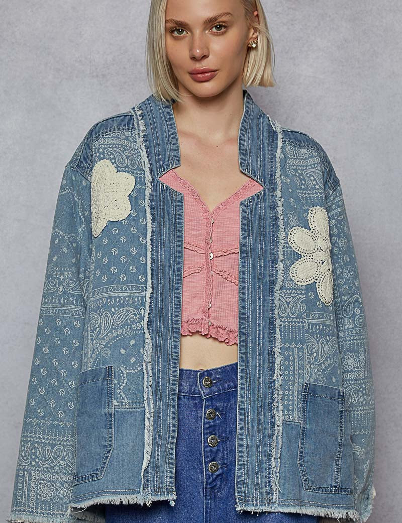 POL Paisley Pattern Patch Detail Quilted Woven Twill Jacket-DENIM on Simply Obsessed