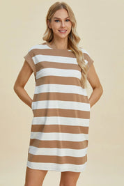 BASIC BAE Full Size Striped Round Neck Cap Sleeve Mini Dress on Simply Obsessed