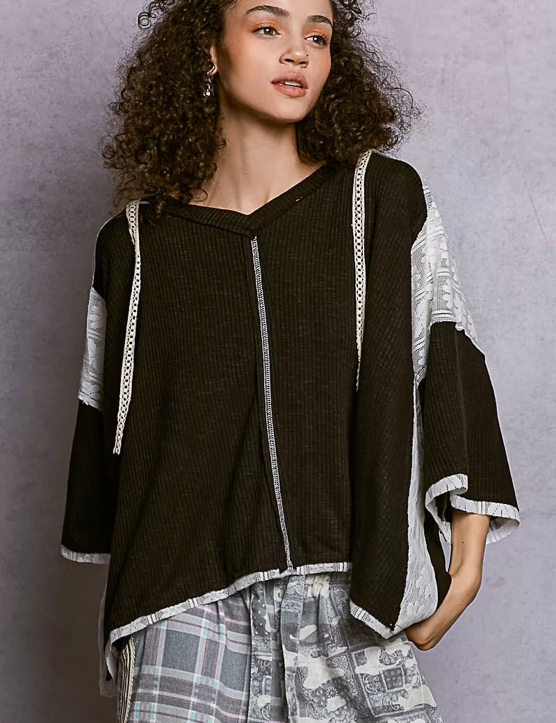 POL Short Sleeve Hoodie Top with Lace Detail on Simply Obsessed