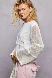 POL Round Neck Washed Top with Crochet See Through Sleeves on Simply Obsessed