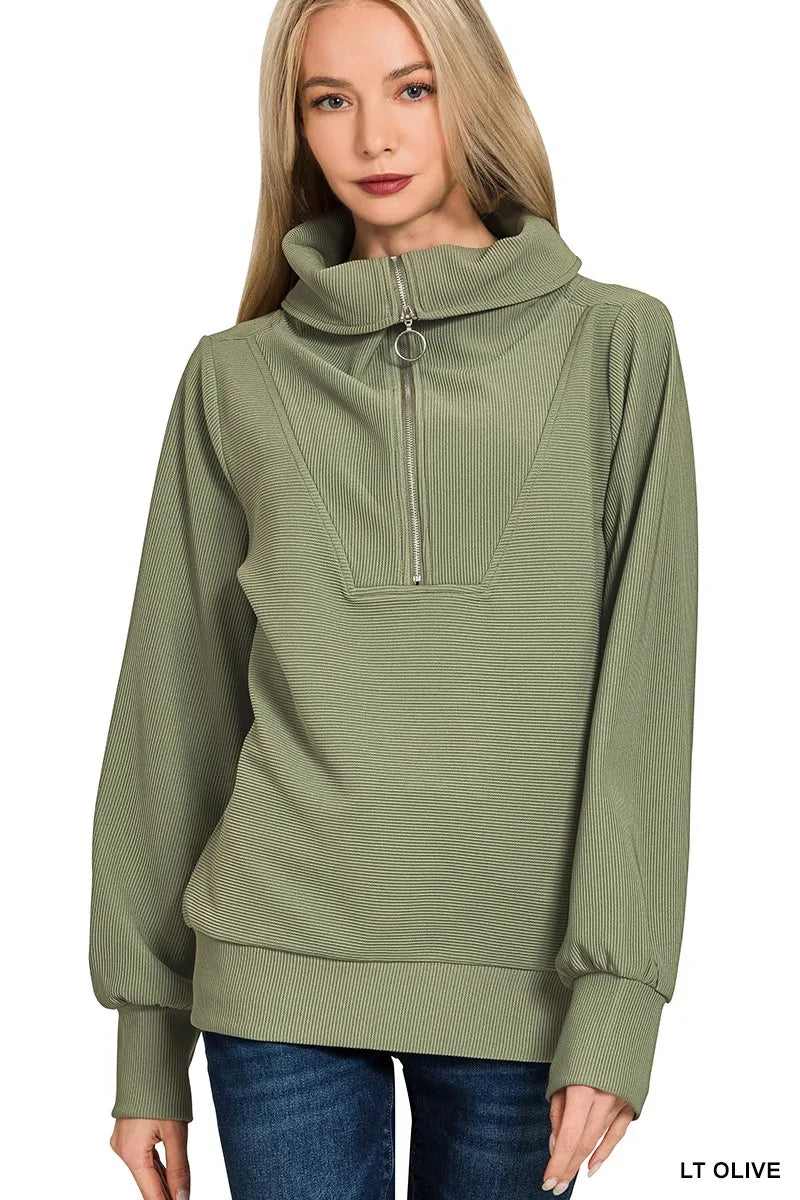 Zenana Ribbed High Neck Half Zip Pullover & Pants Set on Simply Obsessed