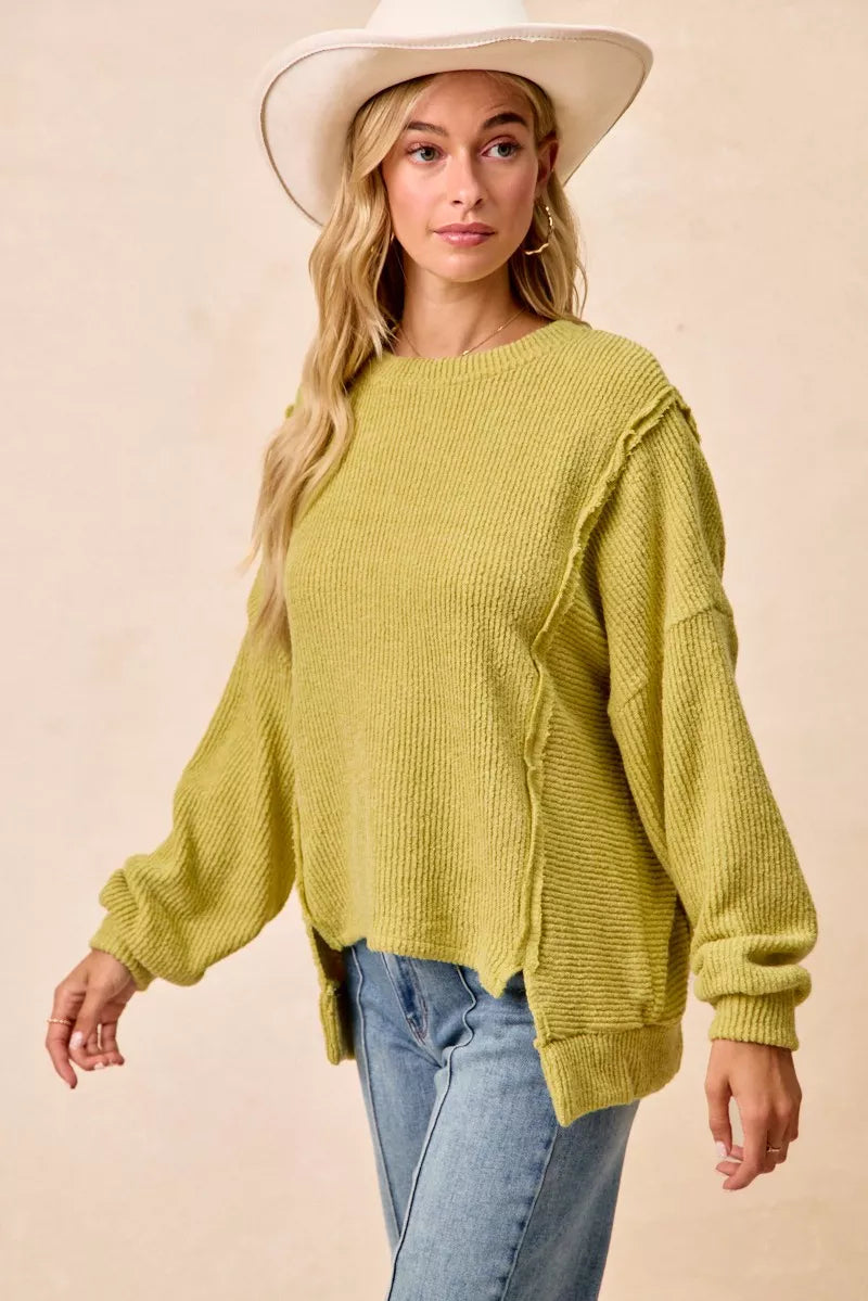 BIBI Boucle Rib Knit Uneven Hem Sweater With Open Seam on Simply Obsessed
