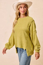 BIBI Boucle Rib Knit Uneven Hem Sweater With Open Seam on Simply Obsessed