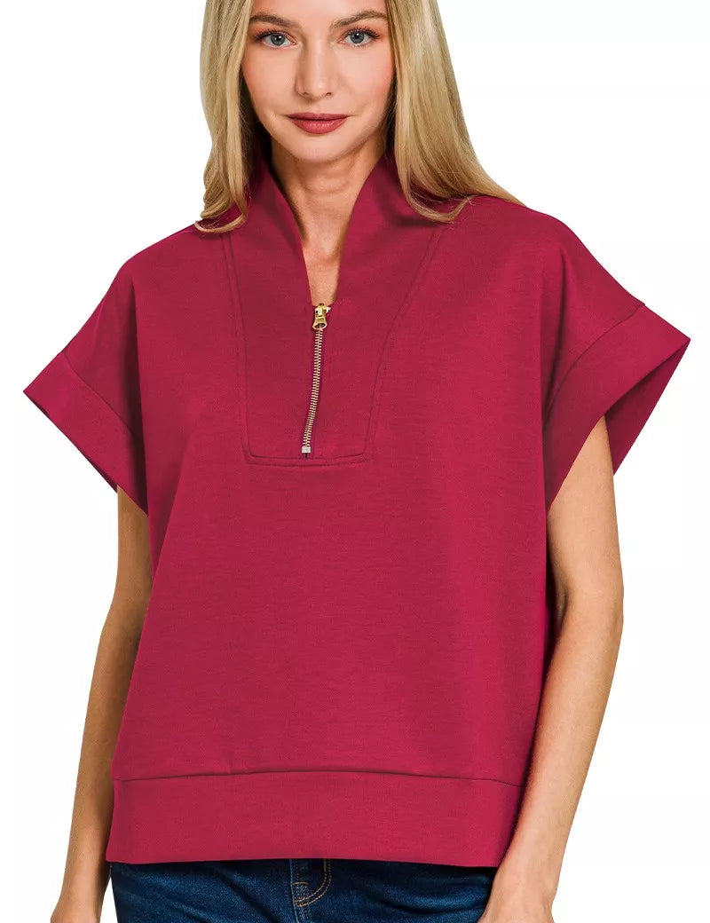 Zenana Scuba High Neck Half Zip Top on Simply Obsessed