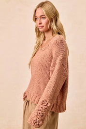 BiBi Chunky Knit Sweater with Flower Detail Sleeves on Simply Obsessed