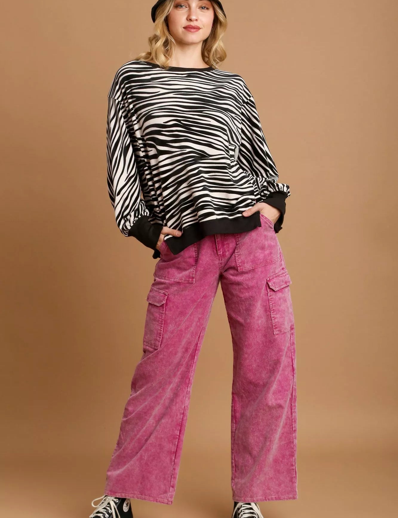 Umgee Zebra Striped Fleece Pullover Sweater Shirt on Simply Obsessed
