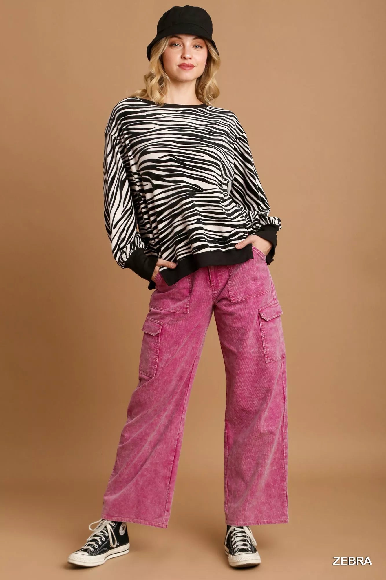 Umgee Zebra Striped Fleece Pullover Sweater Shirt on Simply Obsessed