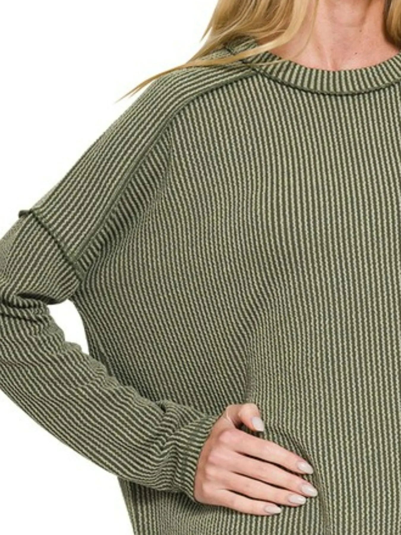 ZENANA Full Size Exposed Seam Long Sleeve Corded Rib Knit Top Plus Size on Simply Obsessed