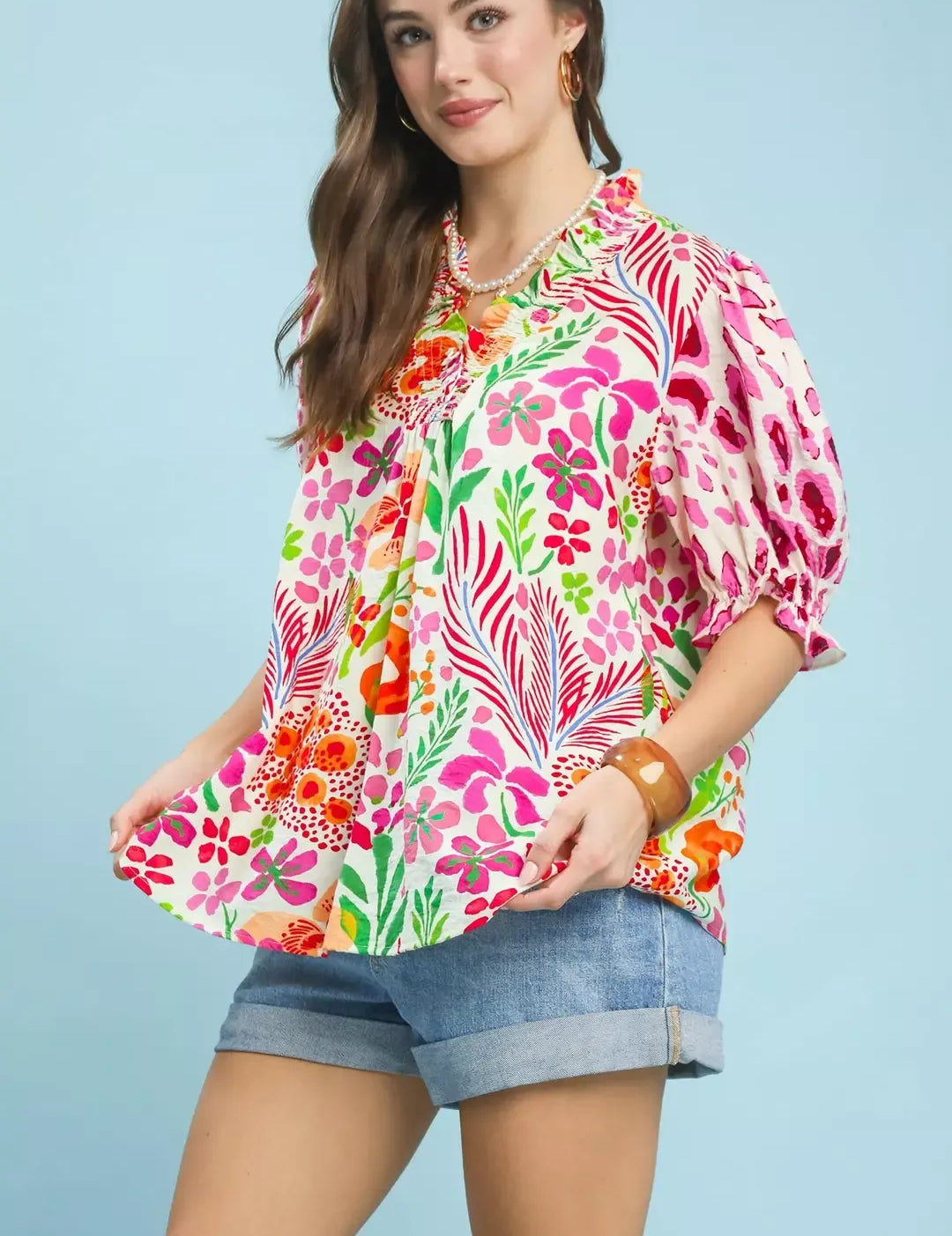 UMGEE V-Neck Ruffle Trim Puff Sleeve Top on Simply Obsessed