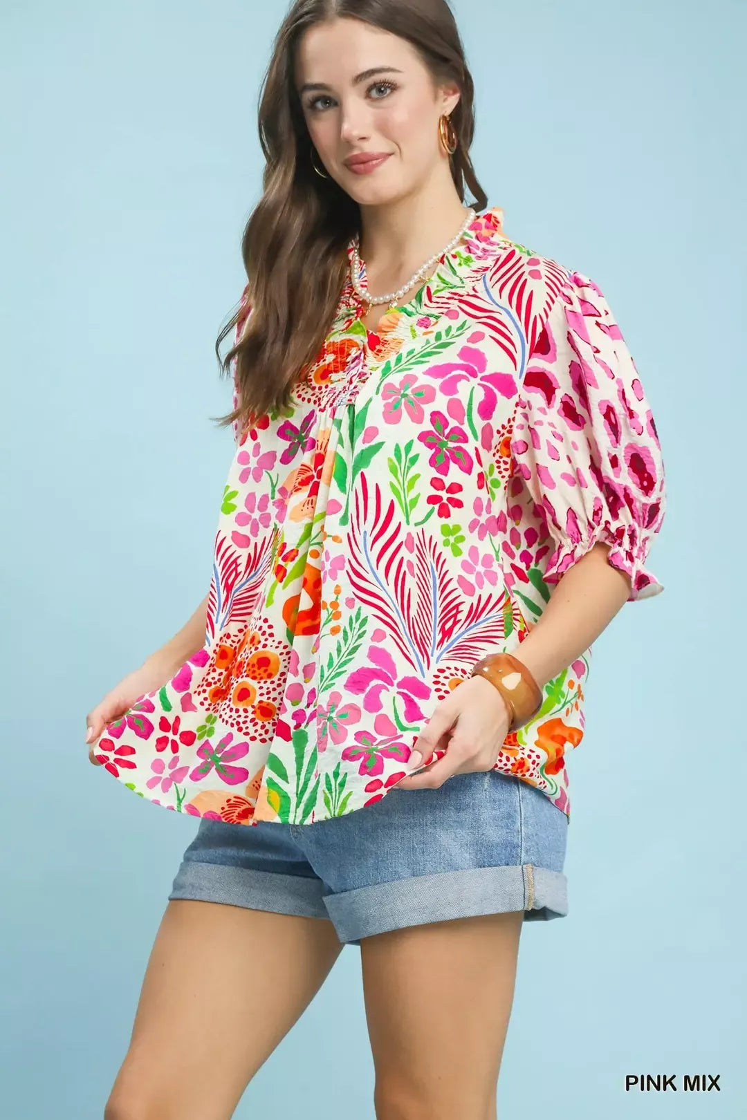 UMGEE V-Neck Ruffle Trim Puff Sleeve Top on Simply Obsessed