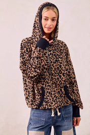 BiBi Leopard Print Waffle Half Zip Up Hoodie W Pocket on Simply Obsessed