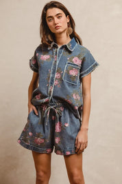 BiBi Floral Printed Denim Short Pants With Pocket on Simply Obsessed
