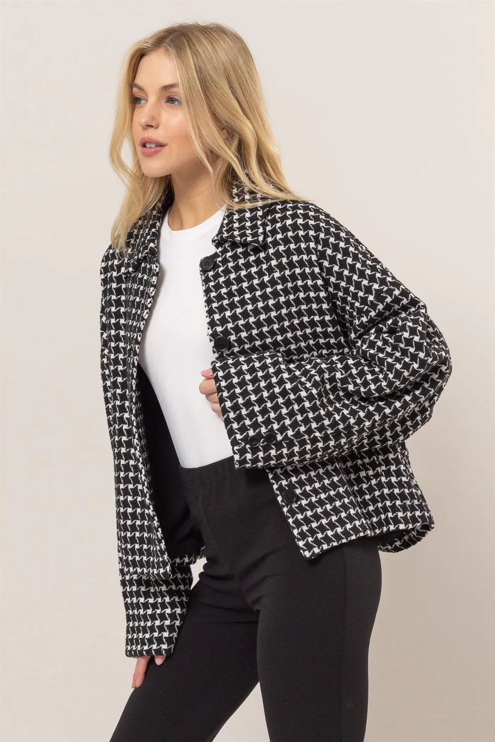 HYFVE Tweed Plaid Button Up Collared Neck Jacket on Simply Obsessed