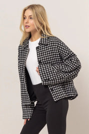 HYFVE Tweed Plaid Button Up Collared Neck Jacket on Simply Obsessed