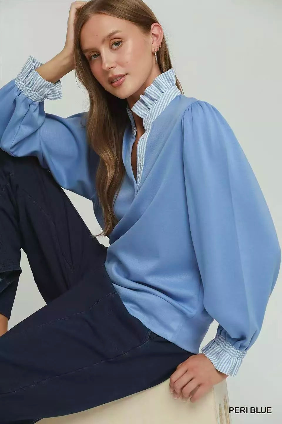 UMGEE Stripe Ruffle Neck Long Sleeve Top on Simply Obsessed