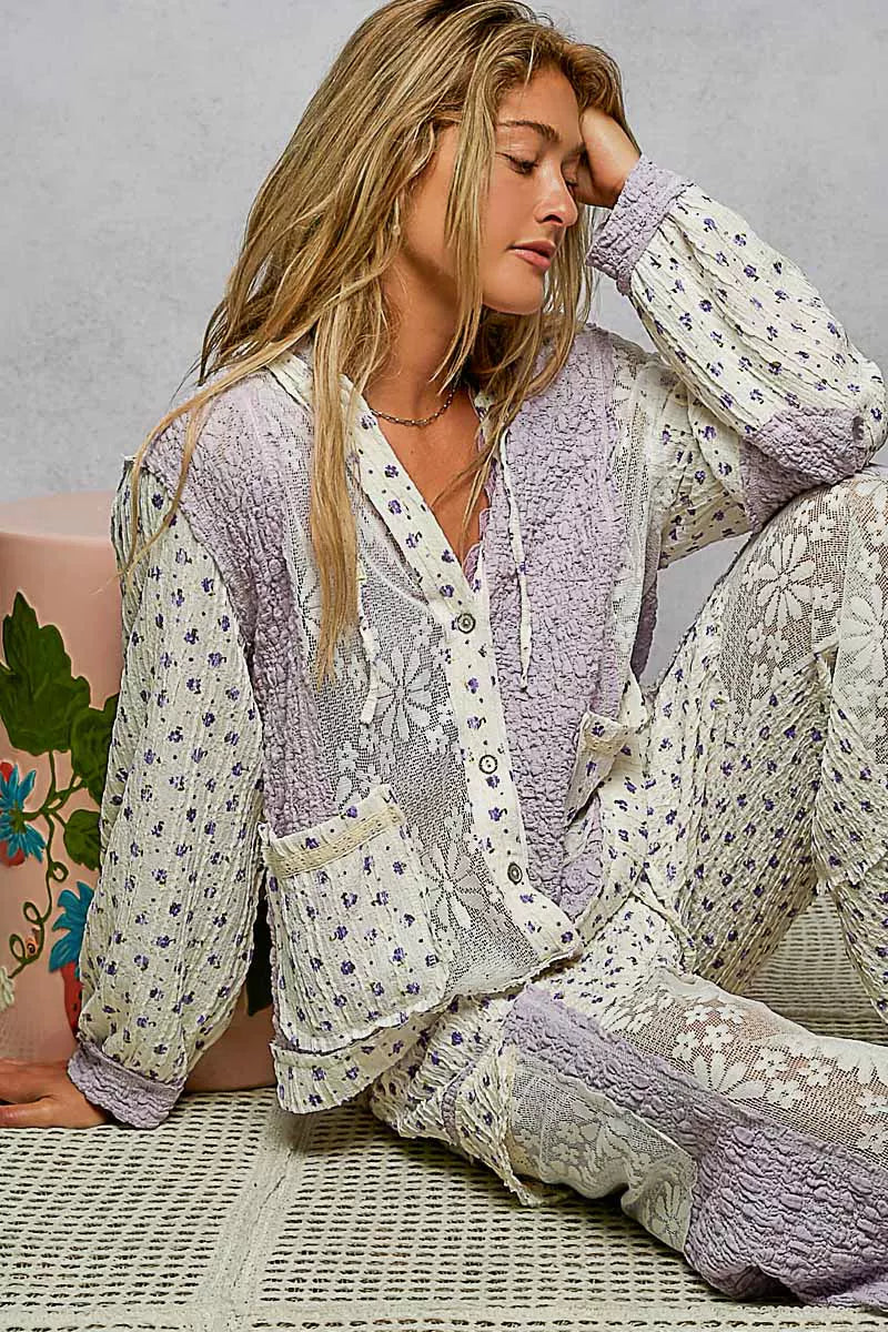 POL Floral Balloon Sleeve Hooded Lace Jacket with Stitch Detail on Simply Obsessed