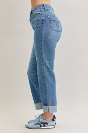 Judy Blue High Waist Bf Criss-cross Mild Destroy Jeans with Single Cuff on Simply Obsessed