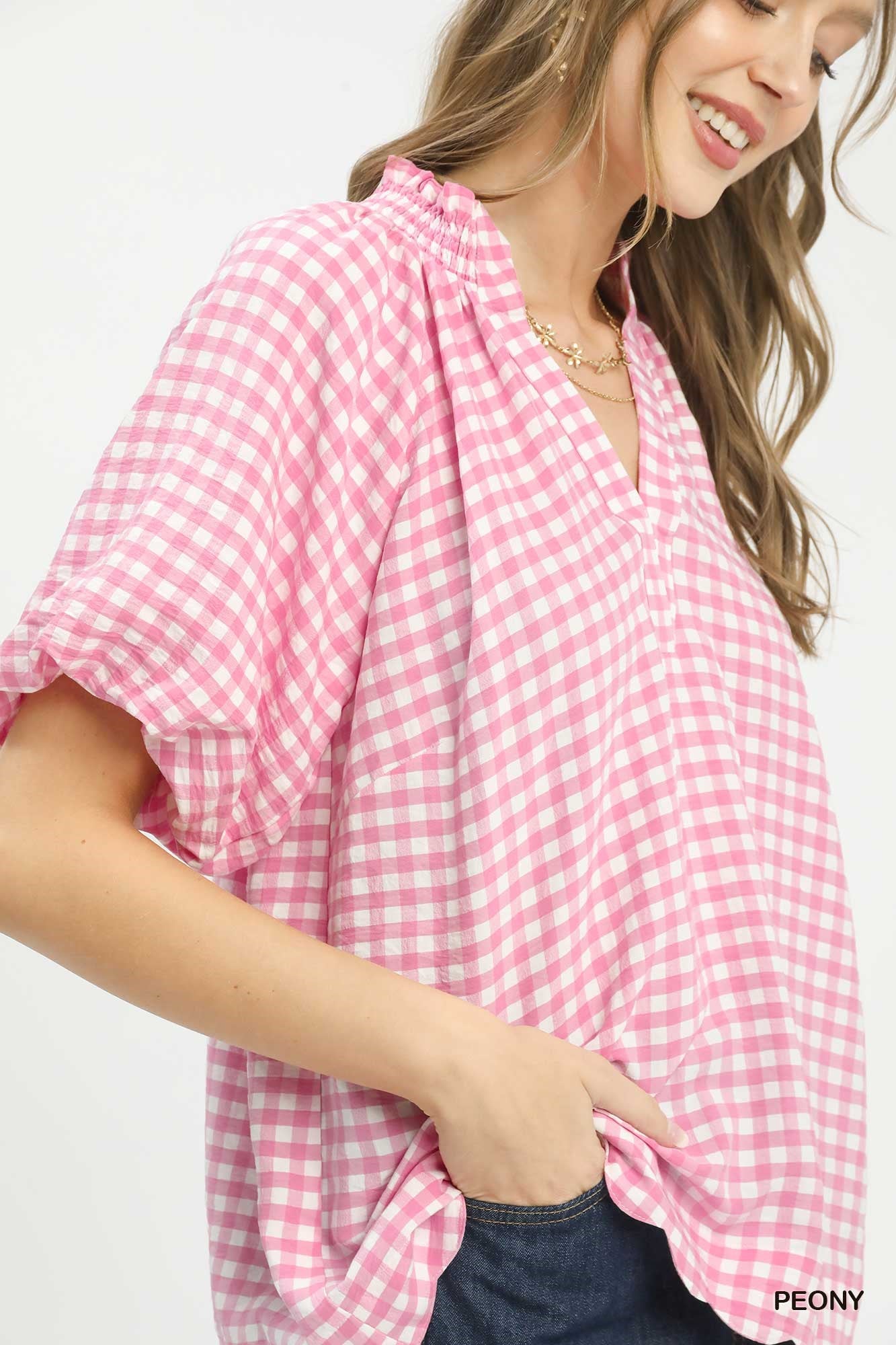 UMGEE Gingham Bubble Sleeve Blouse with Scallop Hem on Simply Obsessed
