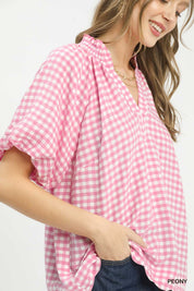 UMGEE Gingham Bubble Sleeve Blouse with Scallop Hem on Simply Obsessed