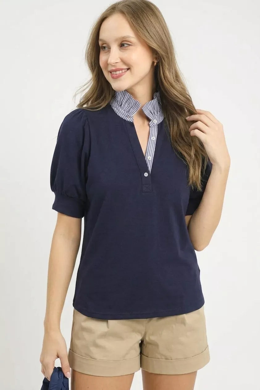 UMGEE Striped Collar Popover Top on Simply Obsessed