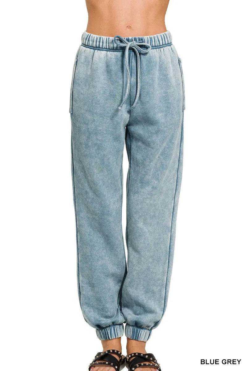 Zenana Acid Wash Fleece Sweatpants with Pockets on Simply Obsessed